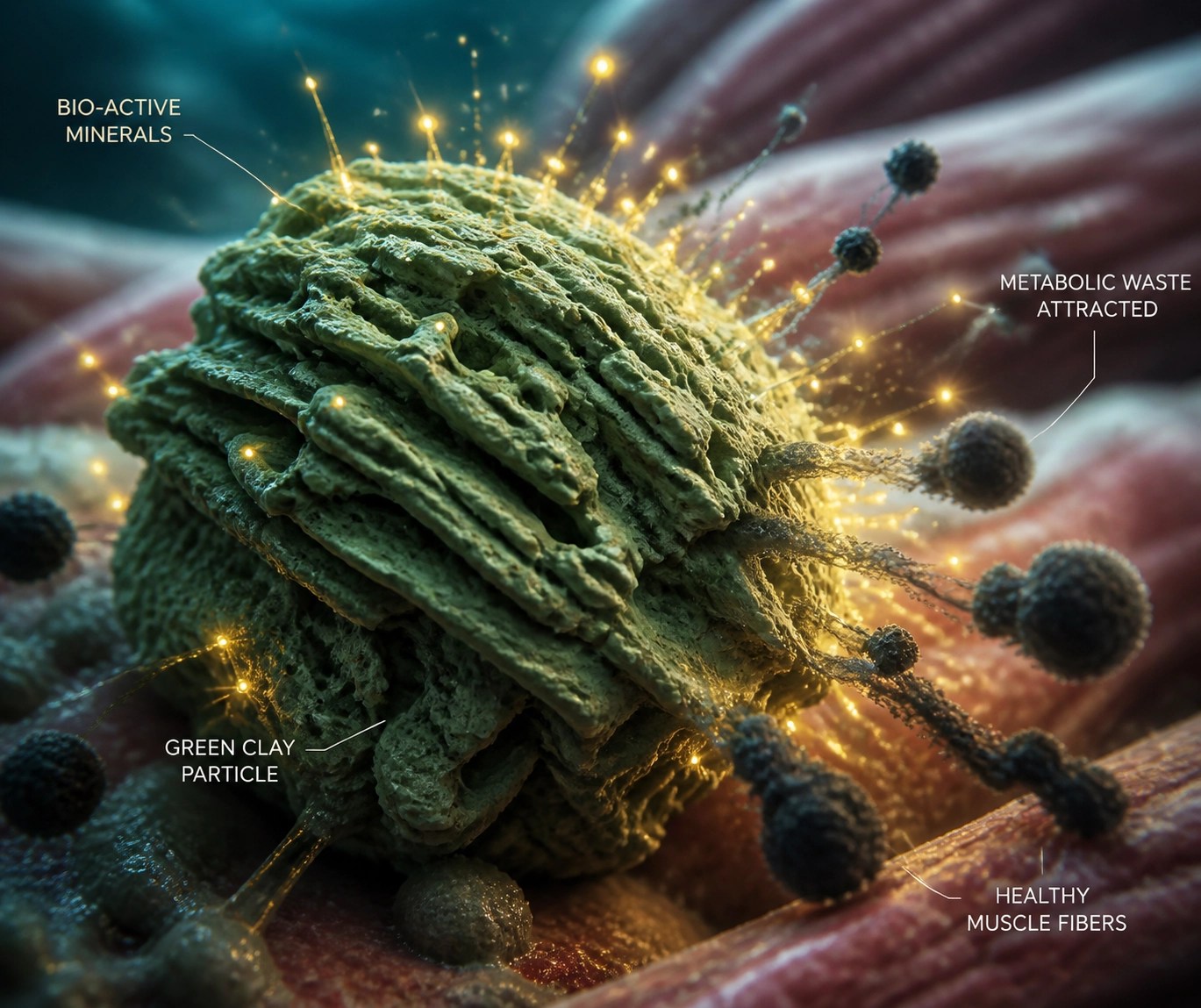 Microscopic view of green clay exchanging bio-active minerals for metabolic waste in muscle tissue.