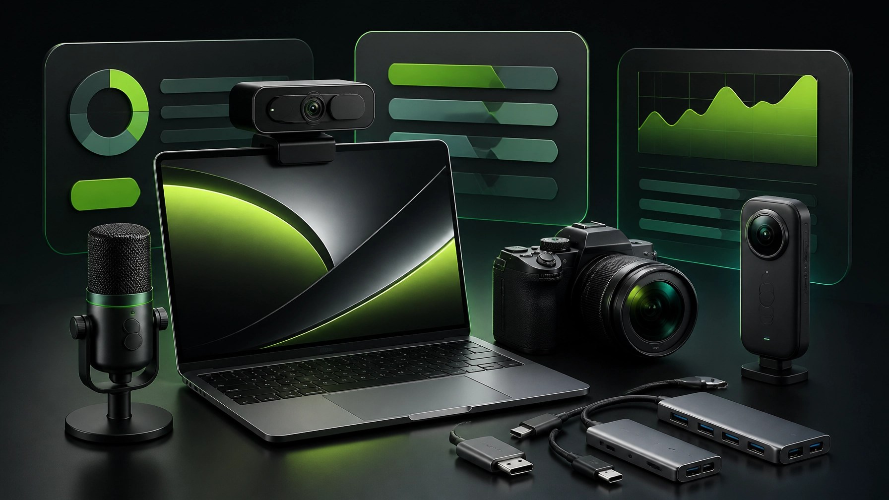 Professional electronics buying guide illustration with laptop, webcam, mirrorless camera, action camera, and accessories