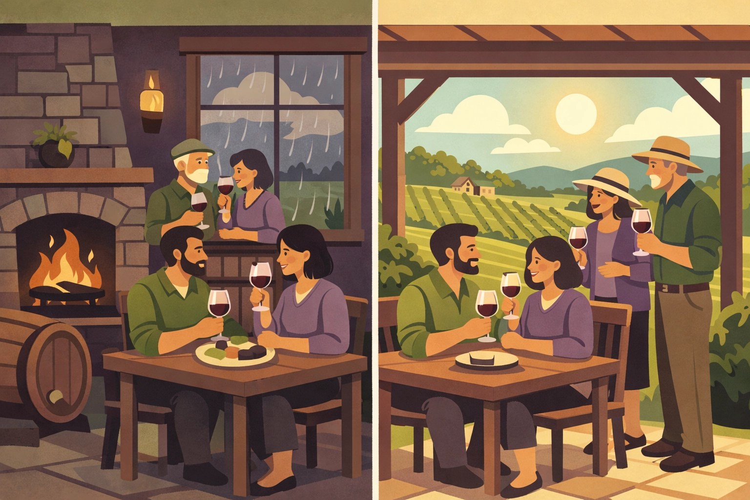 Indoor and outdoor winery tasting experiences showing versatility of corporate wine tour events