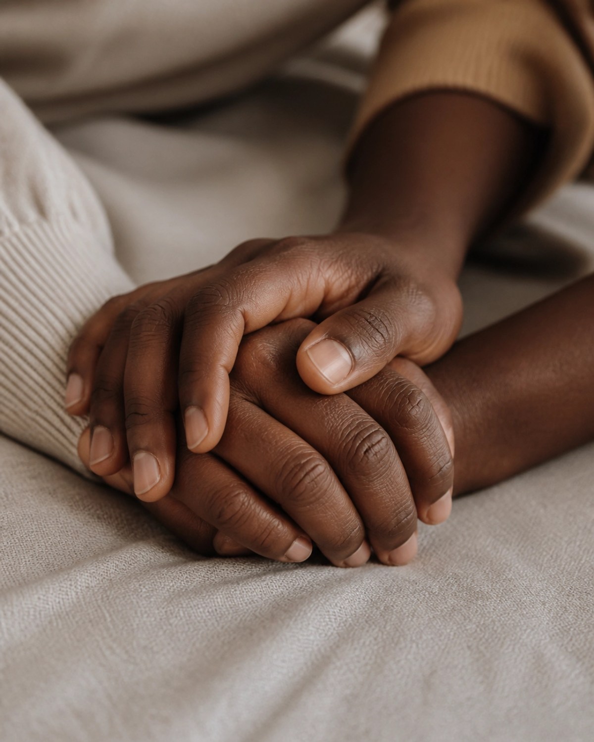 Close-up of a Black couple holding hands, symbolizing the gentle, intentional connection that serves as the foundation of a healthy relationship.