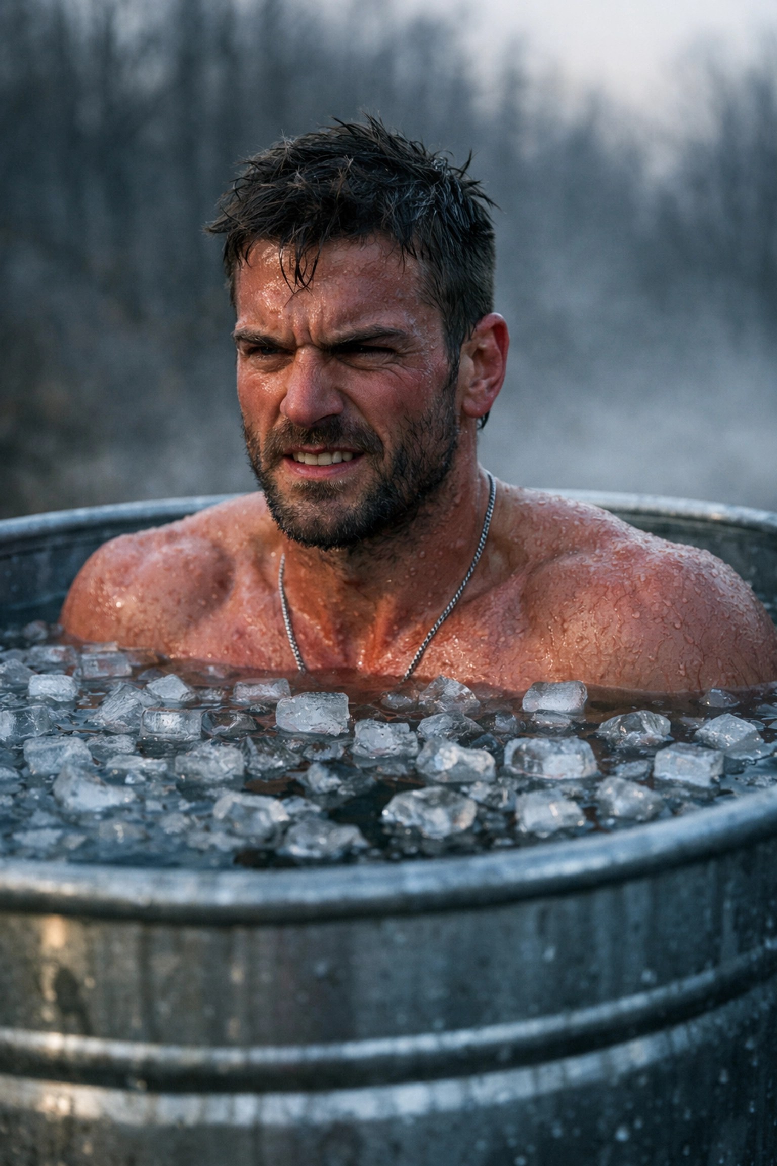 Athlete submerged in an ice bath at dawn to reduce muscle inflammation and accelerate sports recovery.