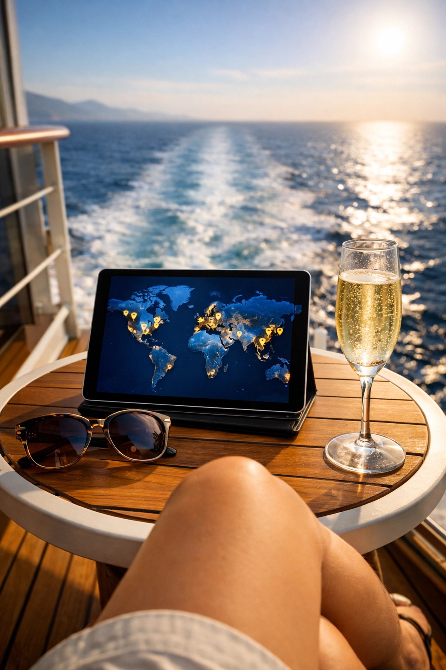 Relaxing on a private balcony while a luxury cruise travel agent plans your global 2026 itinerary.
