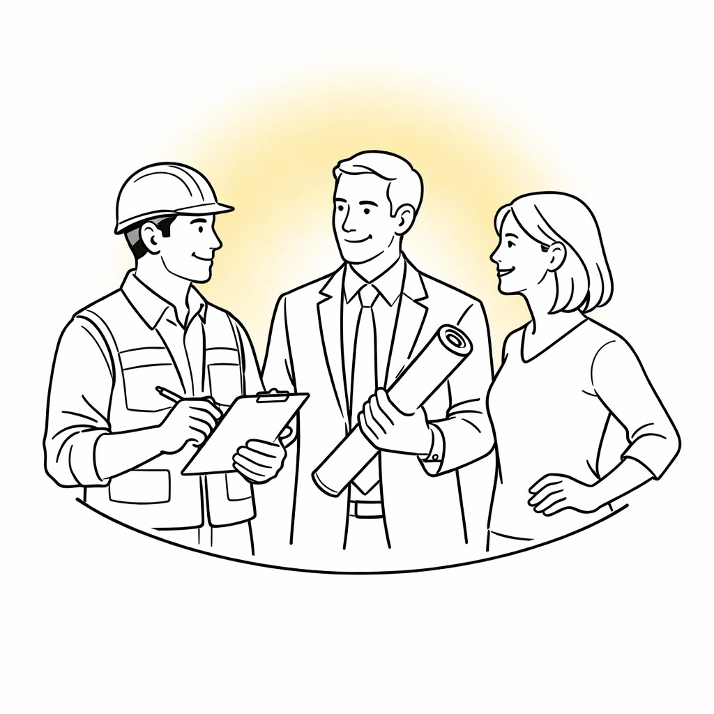 Minimalist illustration of an architect, builder, and homeowner collaborating on a custom home design project.