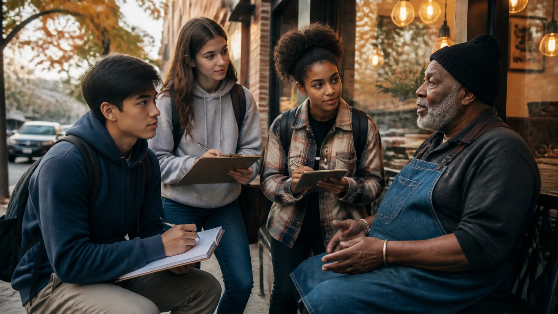 High school students connecting learning to community through local research, interviews, and real-world investigation