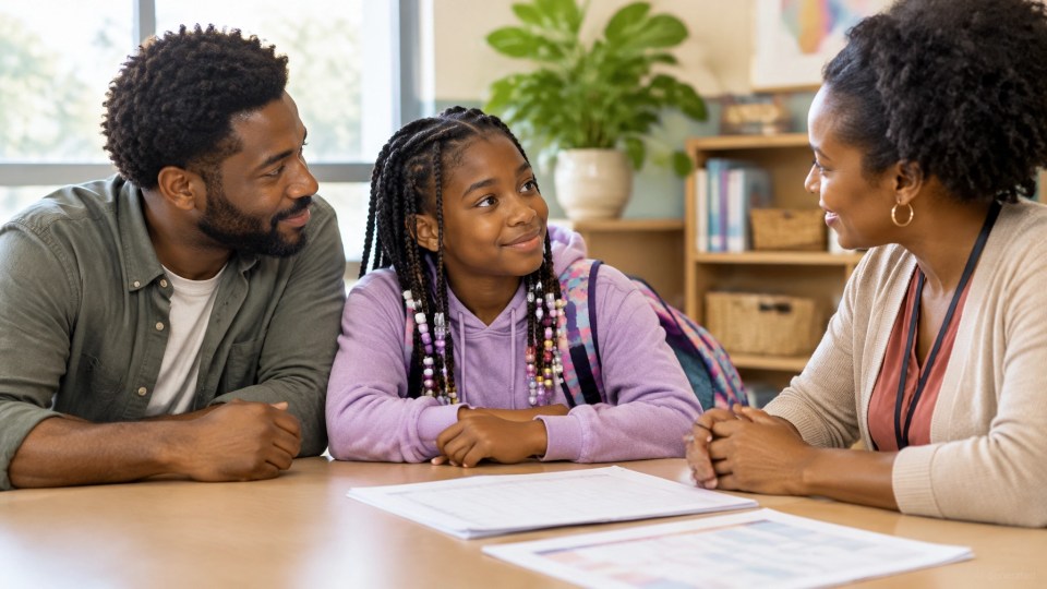 Chronic absenteeism: a Black father and his daughter talk with a school counselor about attendance and support.