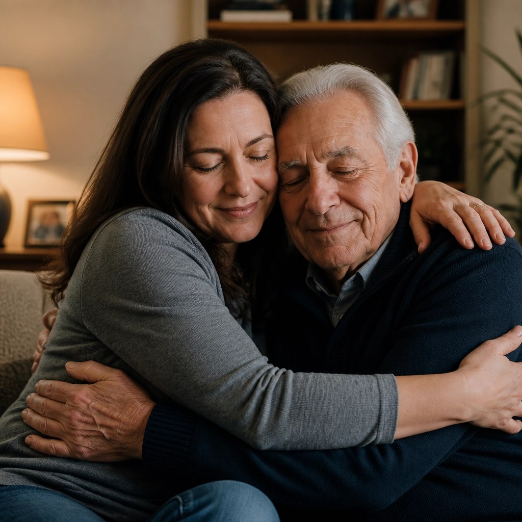 An adult daughter hugging her elderly father, conveying relief and protection.