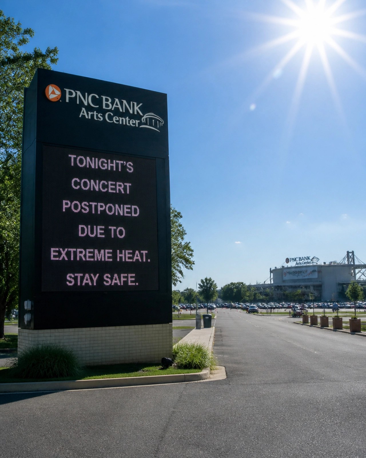 Digital sign at a New Jersey venue announcing a concert postponement due to heat