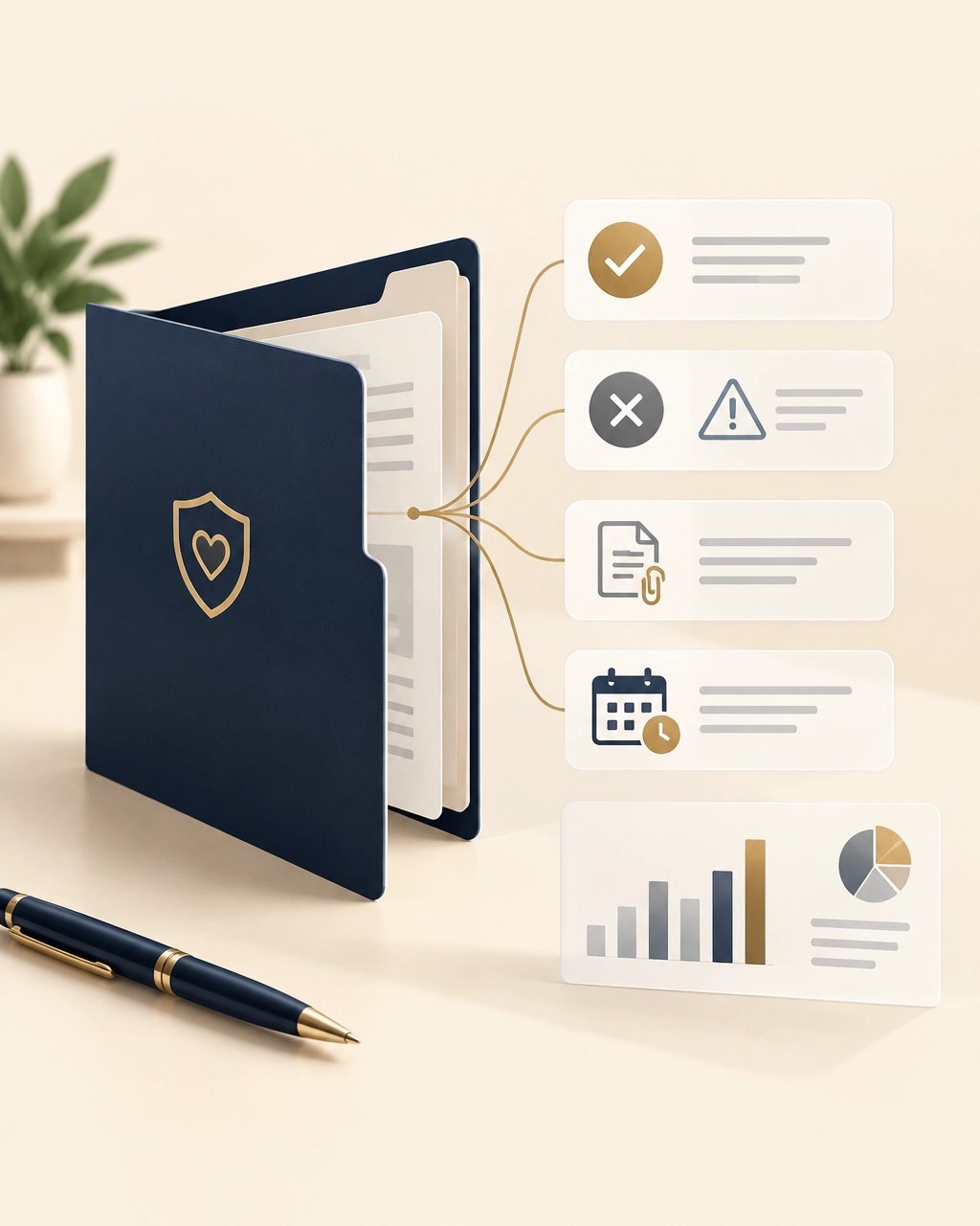 Editorial illustration of a behavioral health prior authorization decision pathway with documentation, approval, denial reason, and metrics