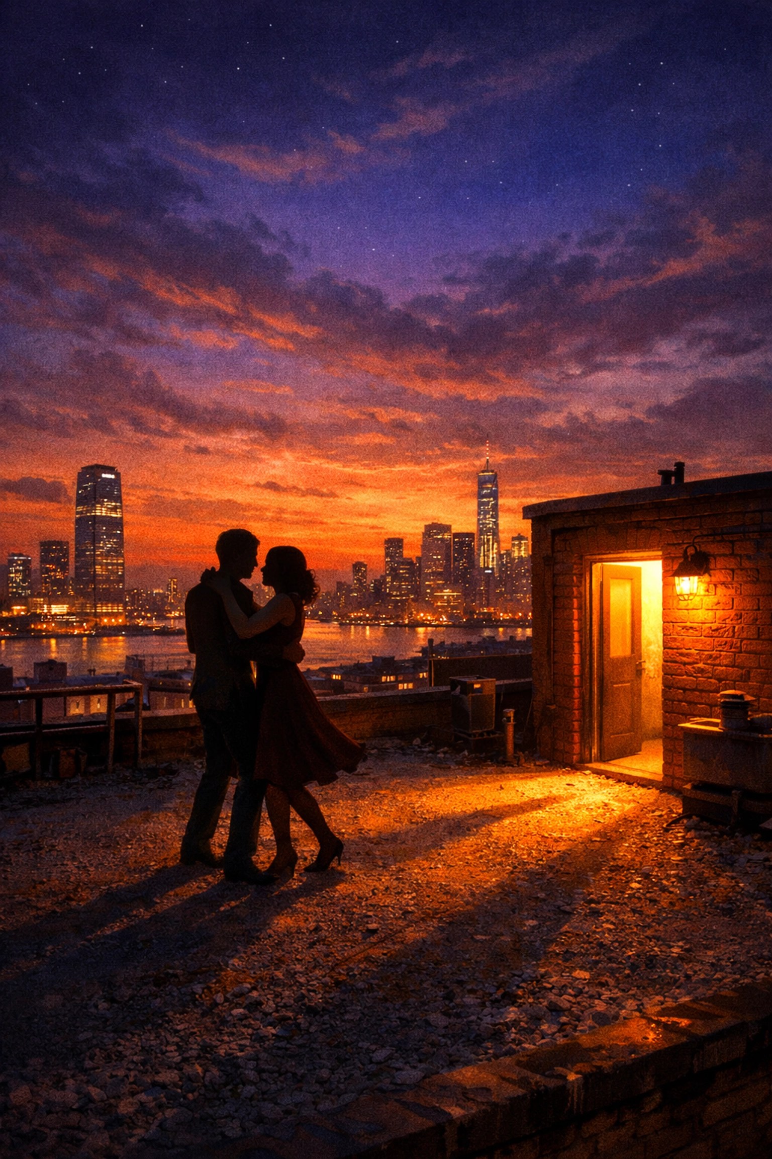Silhouettes of Dante and Becky dancing on a rooftop at sunset, overlooking the New Jersey skyline in Clerks 2.