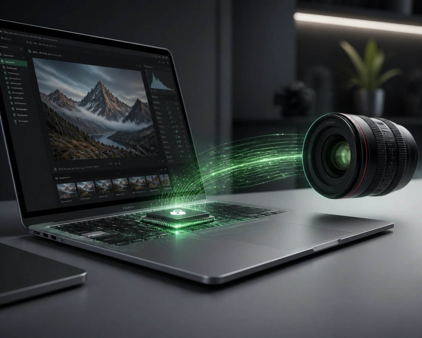 High-performance creative workstation with a professional laptop and camera lens for product video.