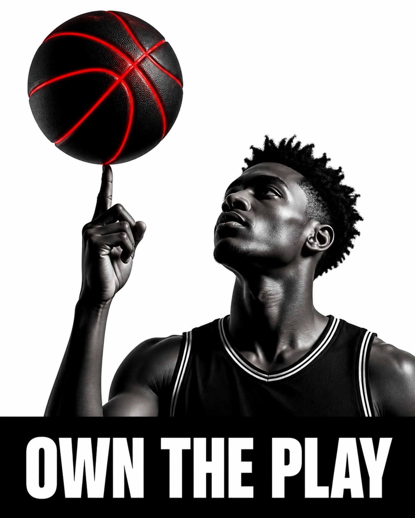 Black and red basketball spinning on a finger with 'Own the Play' text representing Black capital in the NBA.