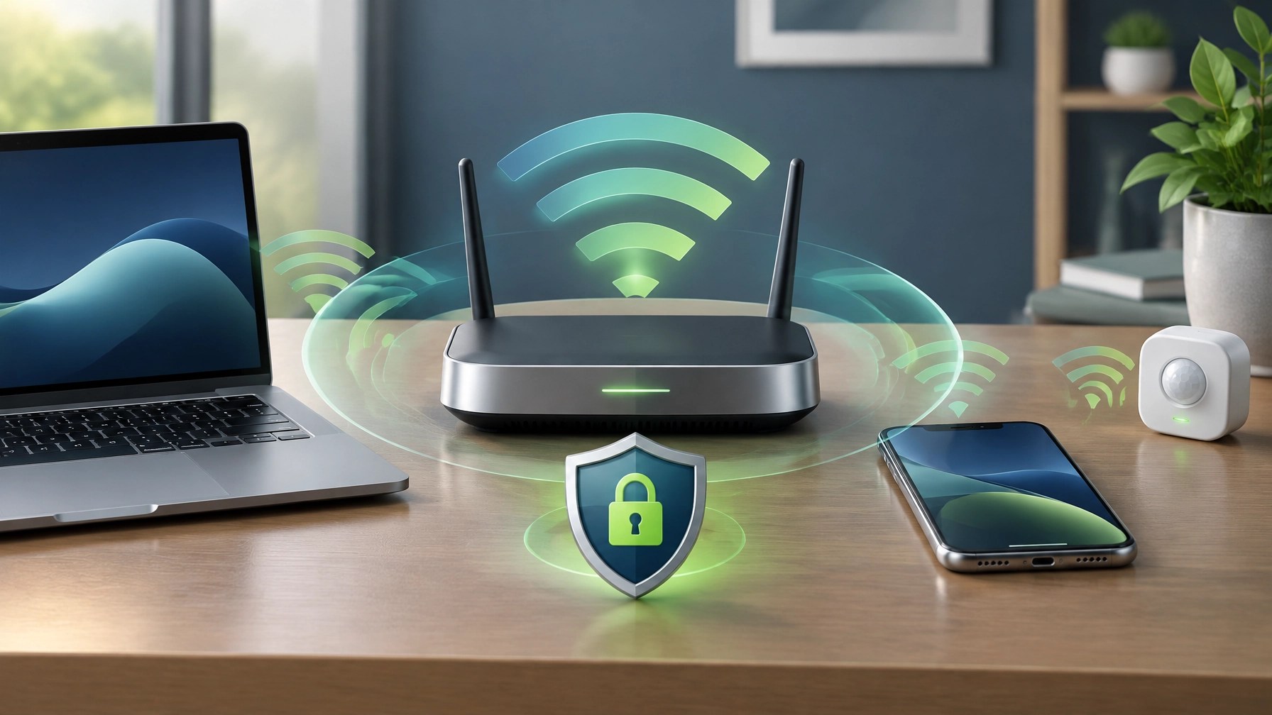 Router sending secure Wi-Fi signals to connected devices
