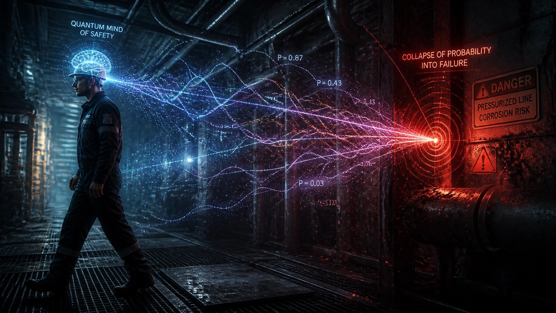 Cinematic futuristic visual representing the quantum mind of safety, an experienced technician walking past a hidden hazard while glowing probabilistic waveform collapses into a single point of failure
