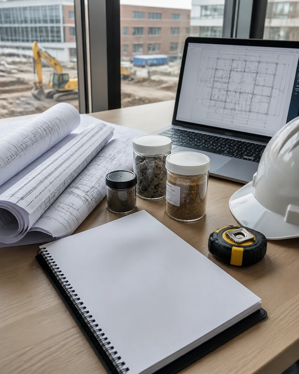 New Jersey construction permit review with demolition plans, sampling containers, and environmental documentation