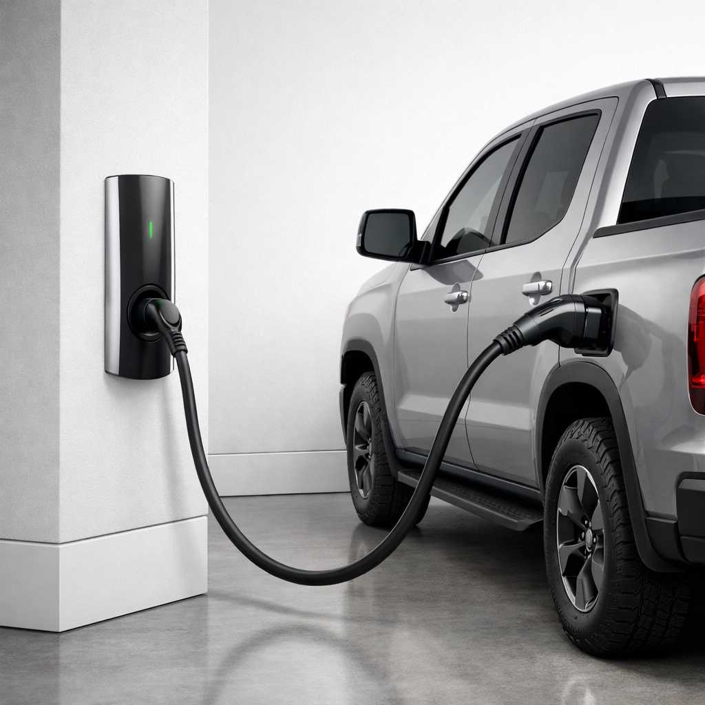 Silver electric pickup truck charging at a sleek home EV station, emphasizing sustainable energy use.