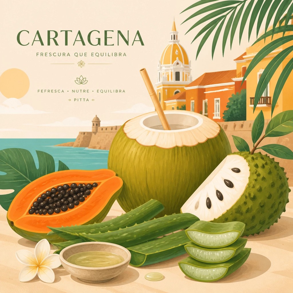 Ilustración de coco, aloe vera y frutas tropicales refrescantes
