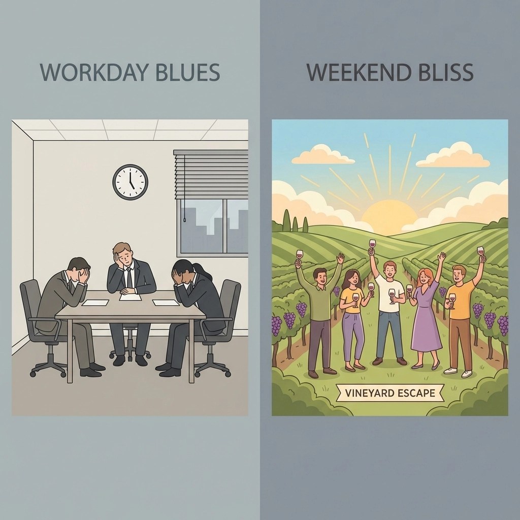 Comparison of a boring office meeting and a joyful team in a vineyard, highlighting unique corporate wine tour experiences in Virginia.
