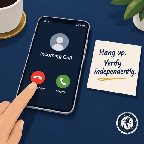 A phone showing an incoming call beside a note that says to hang up and verify independently
