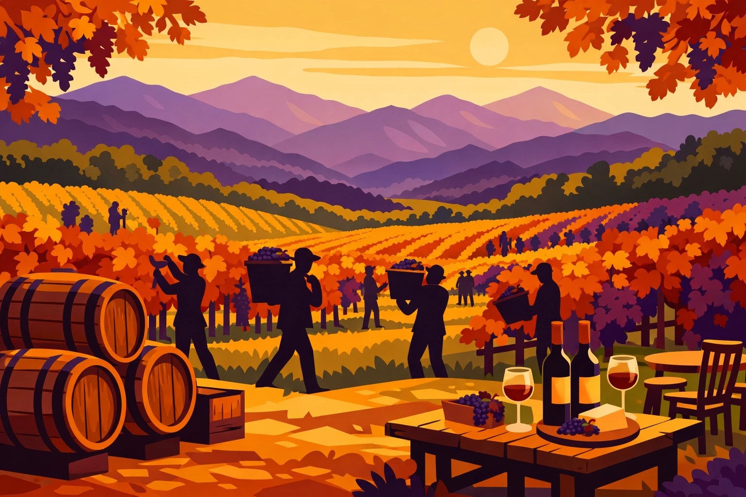 Fall harvest season in Virginia wine country with autumn foliage and grape picking
