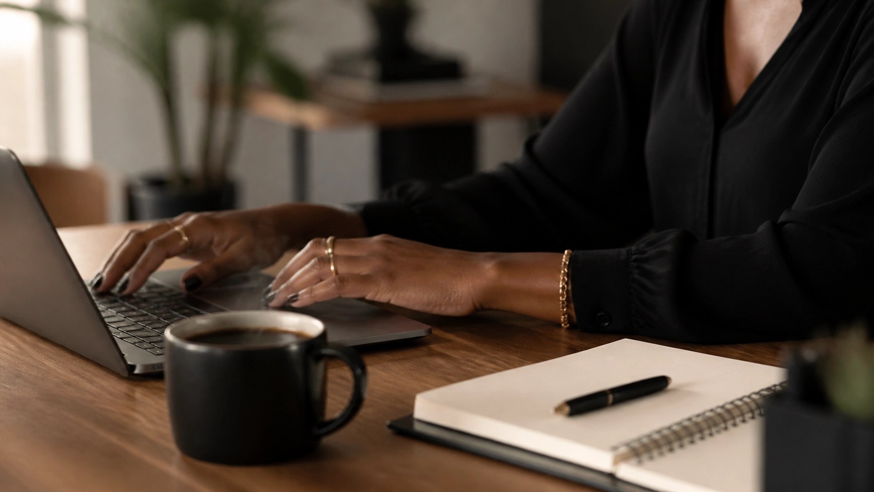 A Black woman's hands working on a sleek laptop and a minimalist planner on a wooden desk