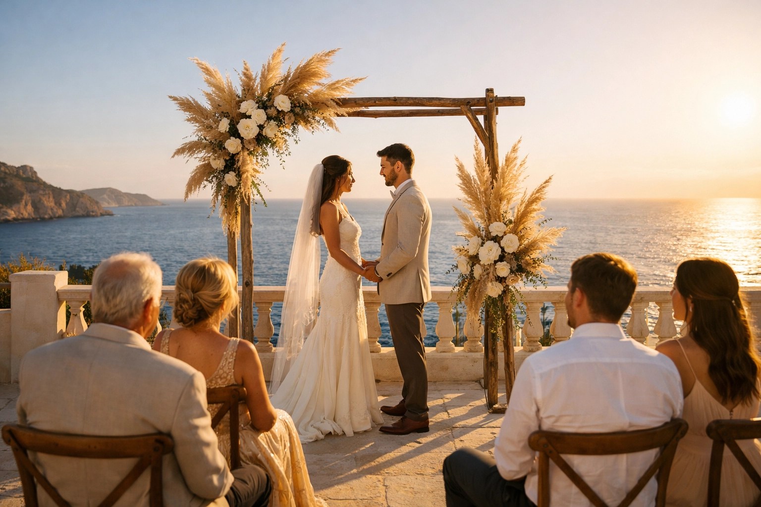 Intimate destination wedding ceremony on a sun-drenched Mediterranean terrace with an ocean view.