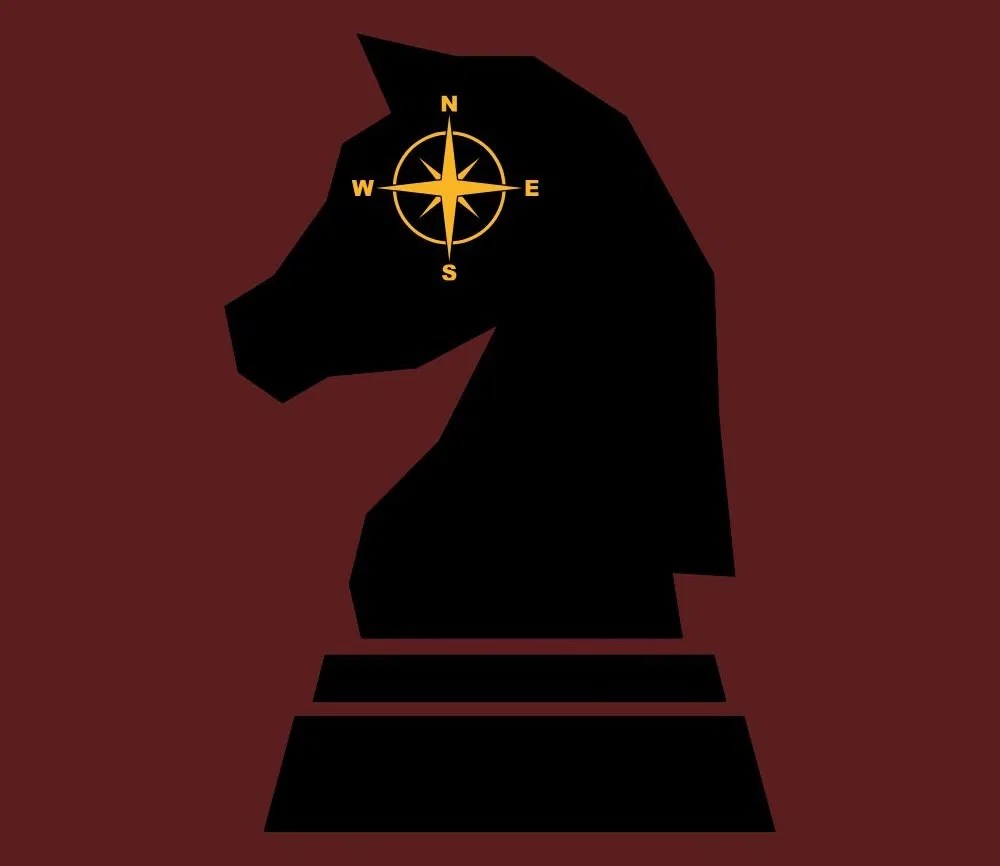 Black chess knight with a gold compass rose eye, symbolizing strategic direction and mission-first leadership. A black chess knight with a gold compass rose eye symbolizing strategic direction