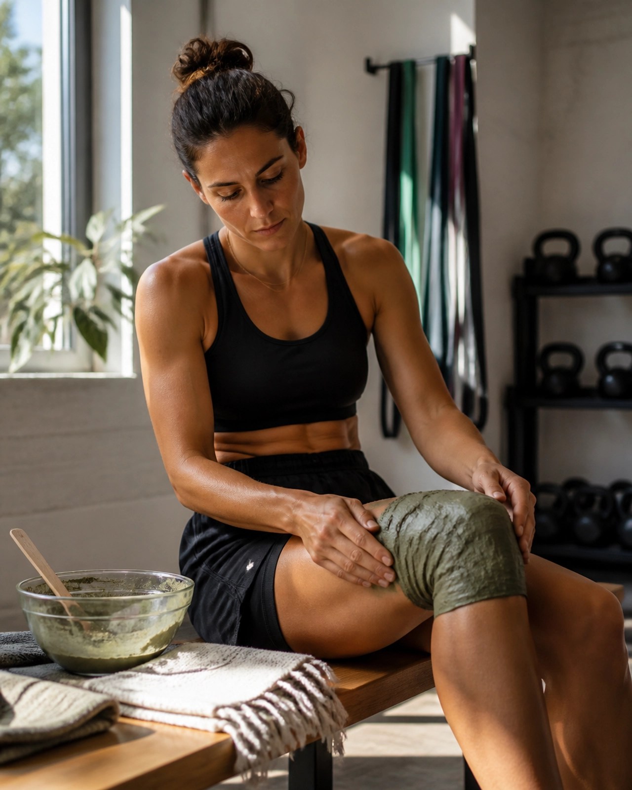 Athlete using a clay poultice on their knee