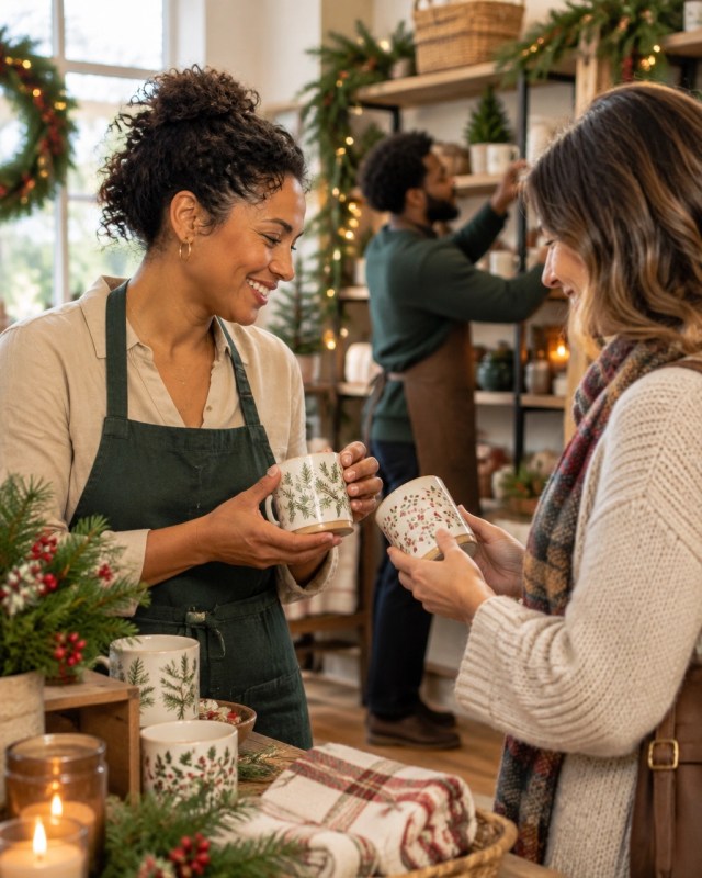 Retail associate helping a customer choose a holiday product
