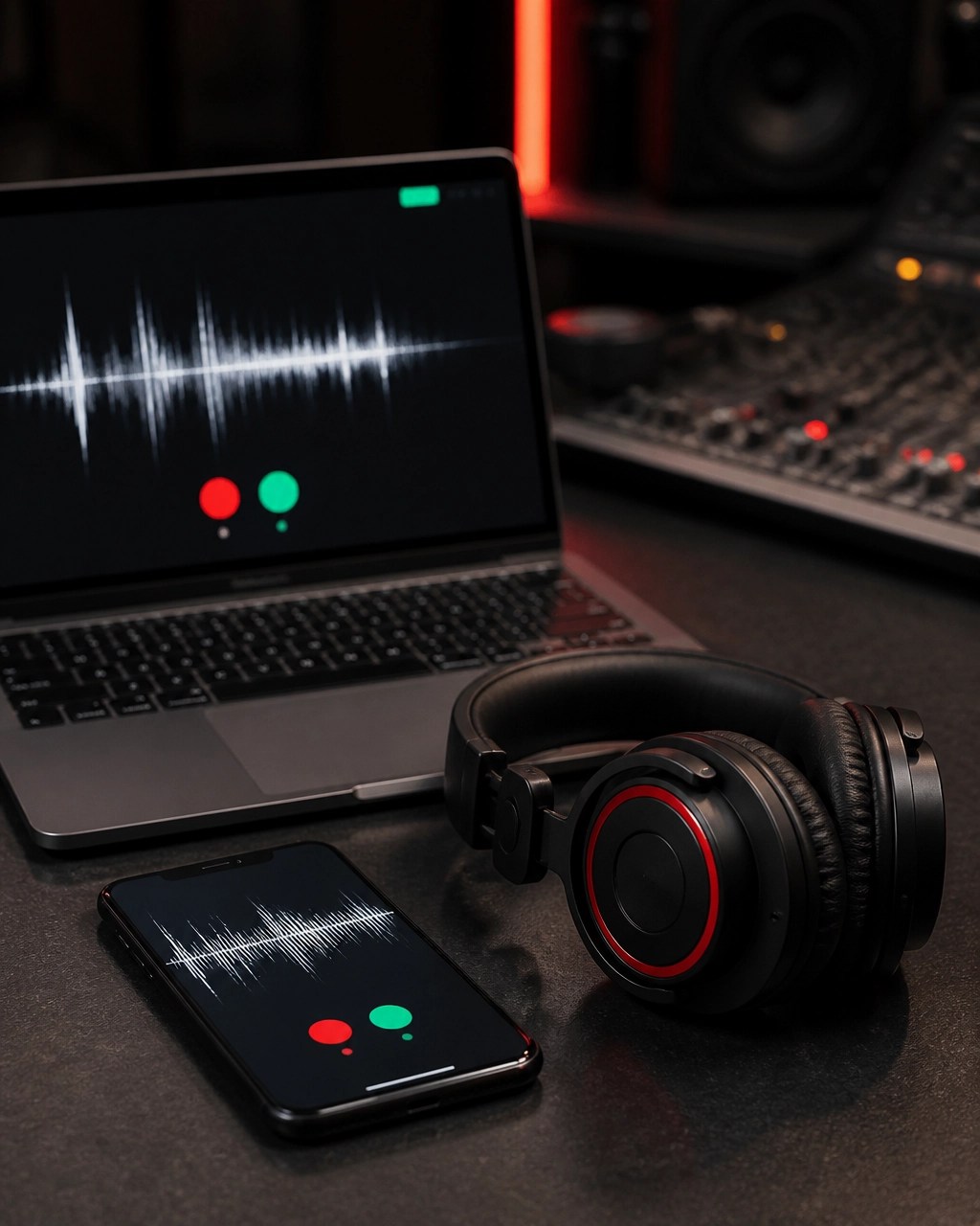 Studio headphones beside a smartphone and laptop displaying abstract sound waves and track indicators