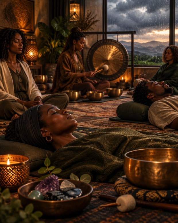 Adults of color resting during a gong and sound practice as a storm passes outside