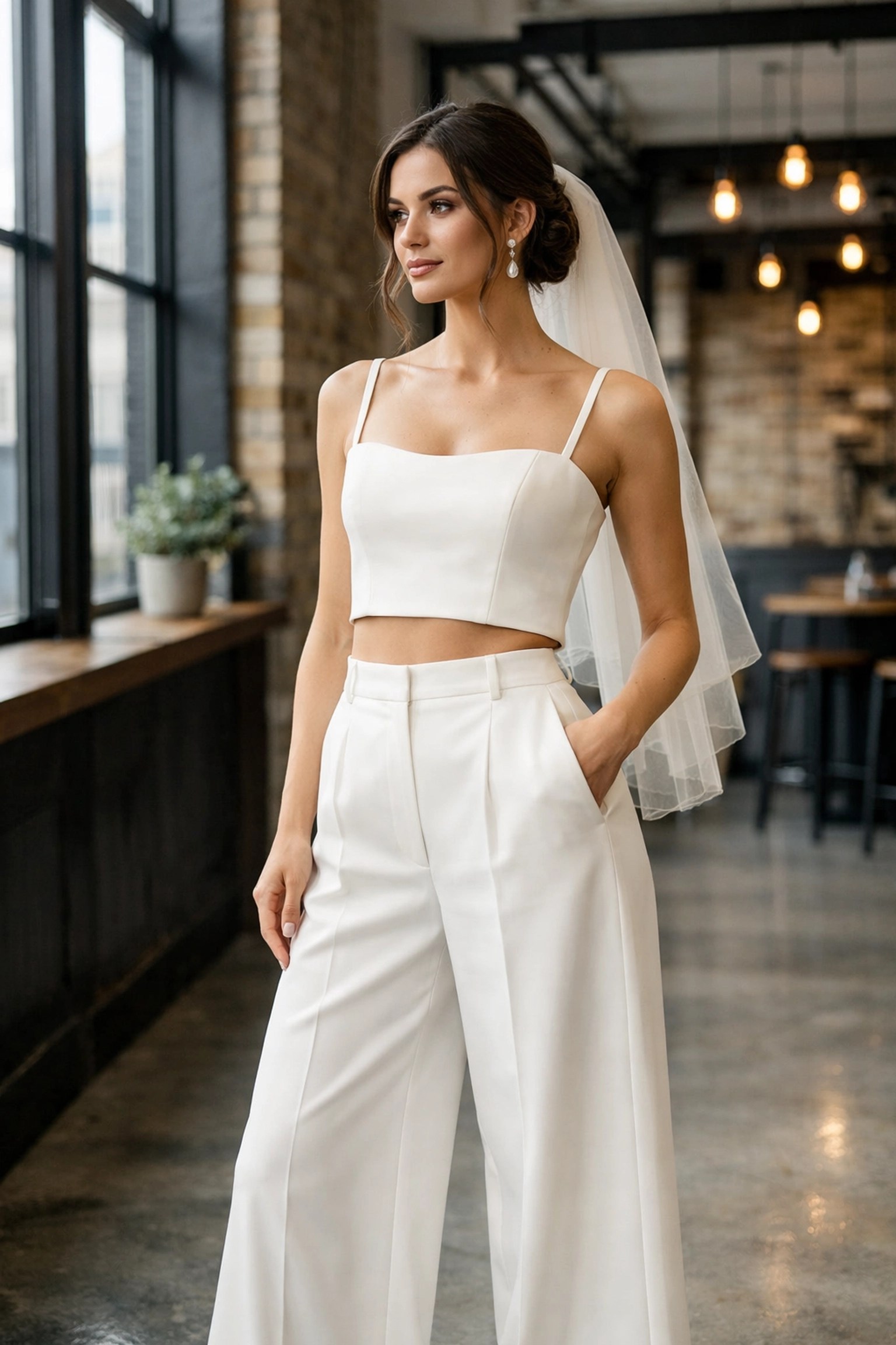 Bride wearing chic bridal separates with crop top and wide-leg trousers at Kent venue