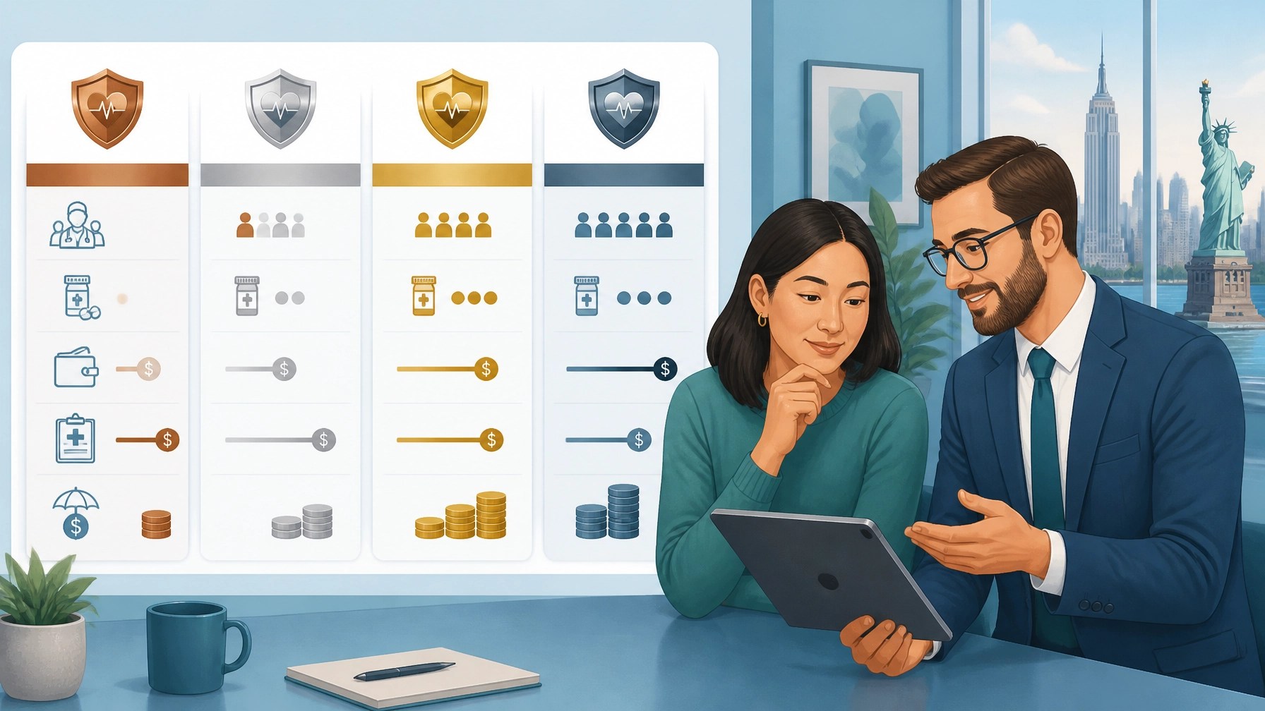 Advisor helping a New York resident compare QHP metal tiers, provider networks, prescriptions, and annual costs