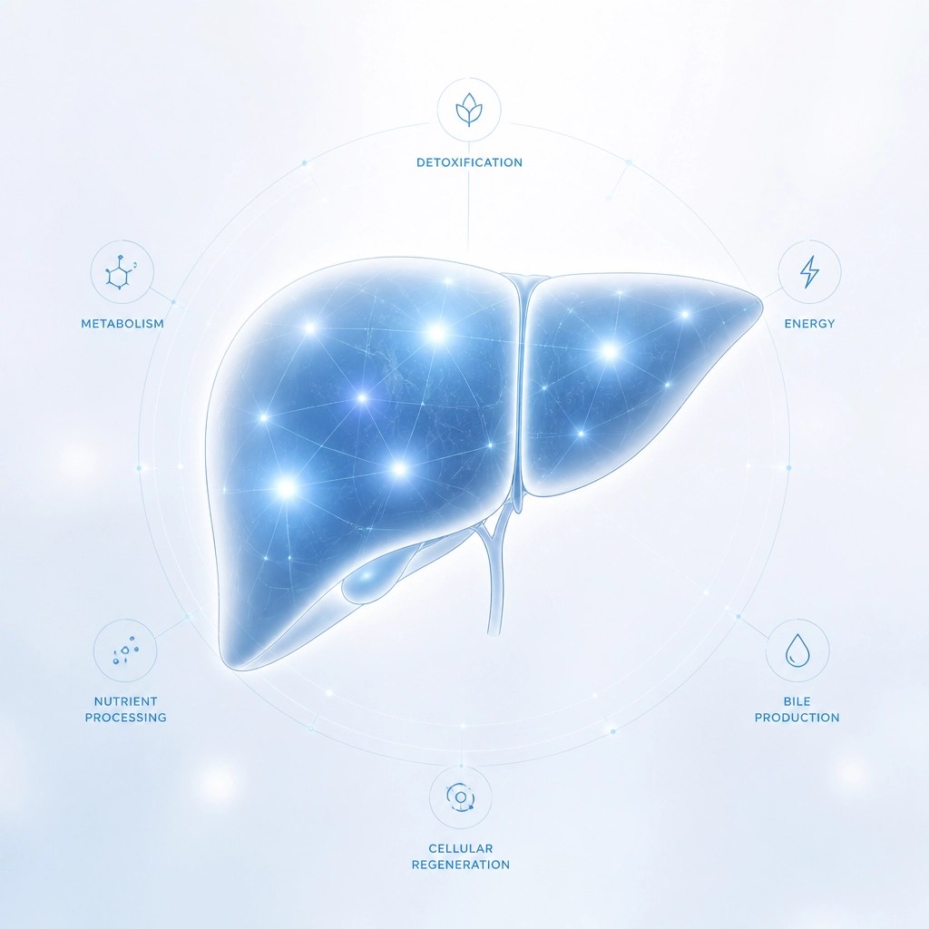 Minimalistic illustration of a glowing human liver representing health and metabolic function