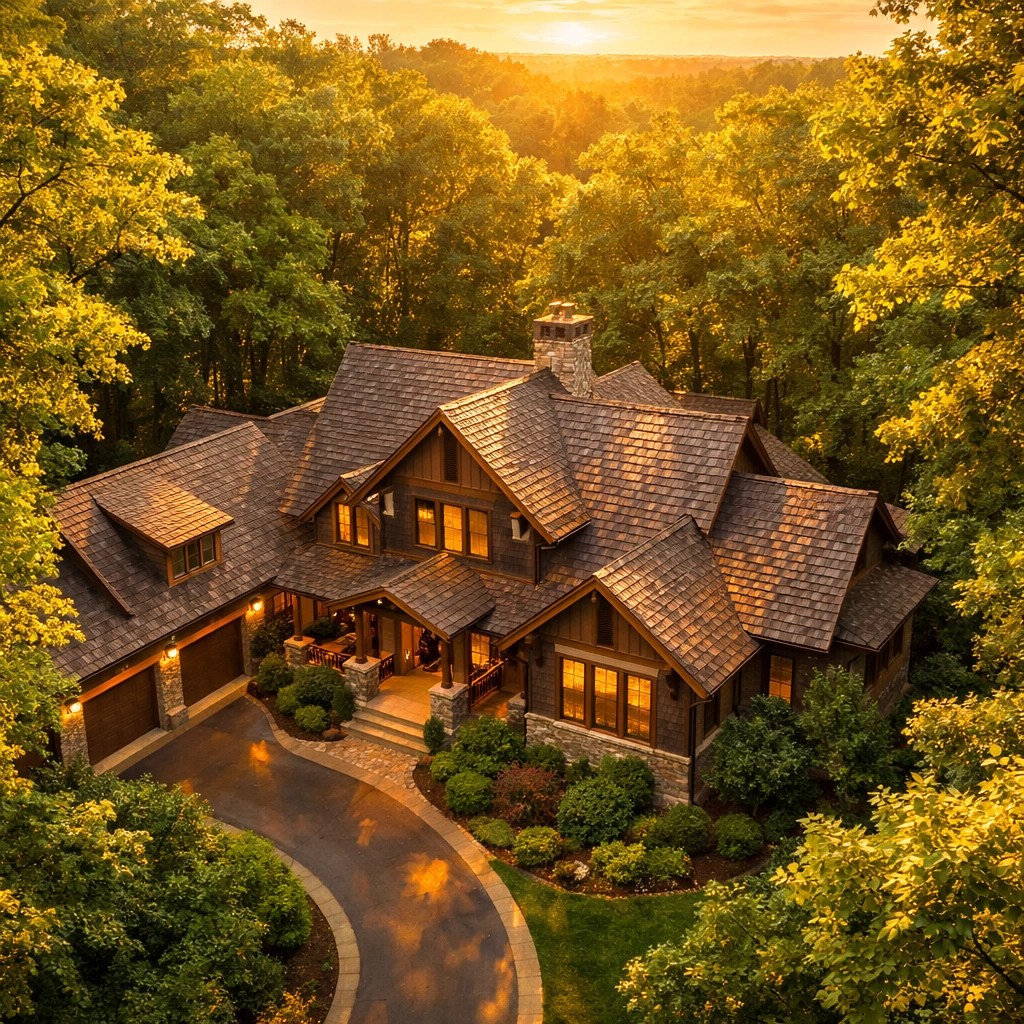 Luxury craftsman home in Milton surrounded by green trees, highlighting local property risks.