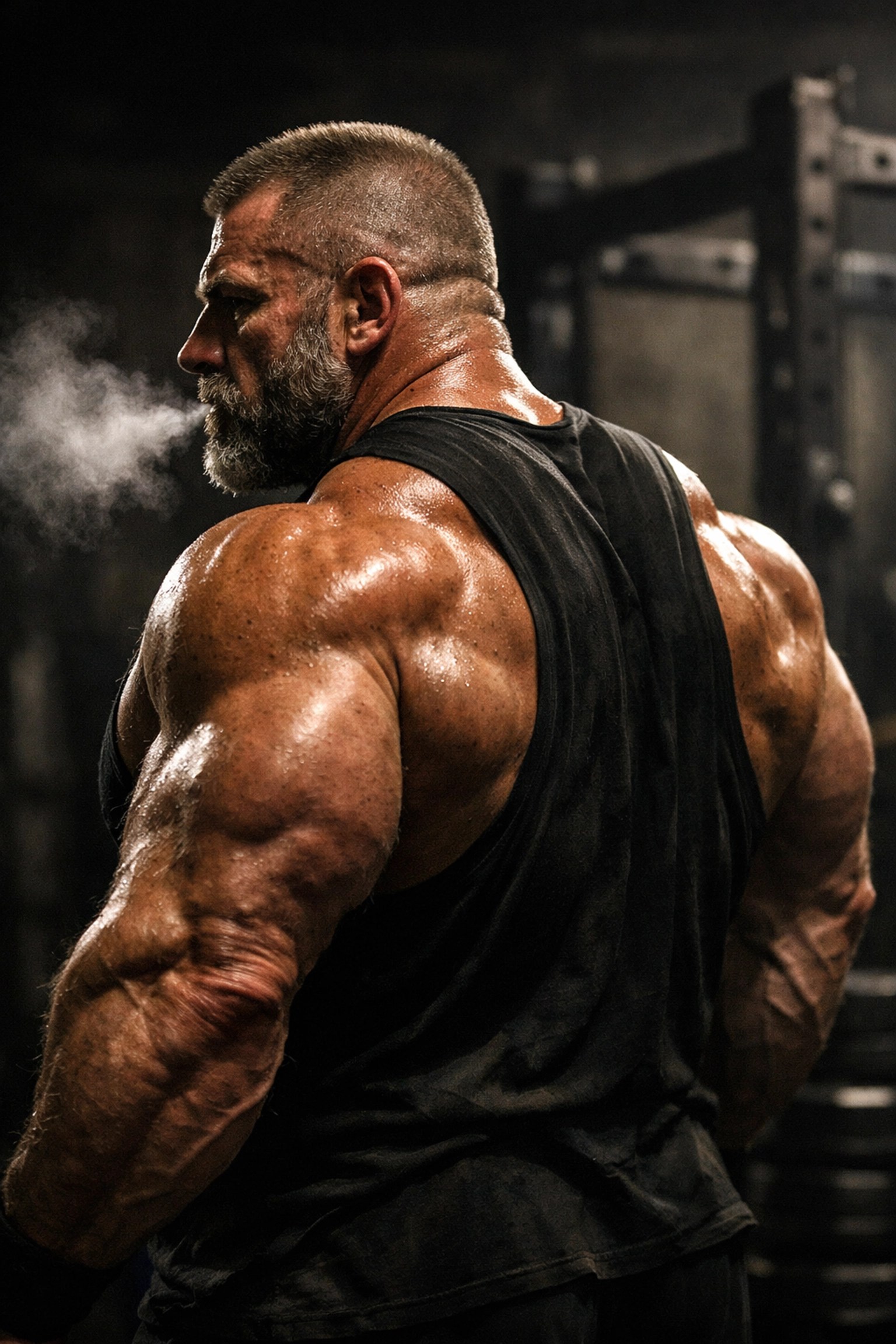 Strength athlete showcasing upper back density and a powerful yoke silhouette after a rack pull workout.