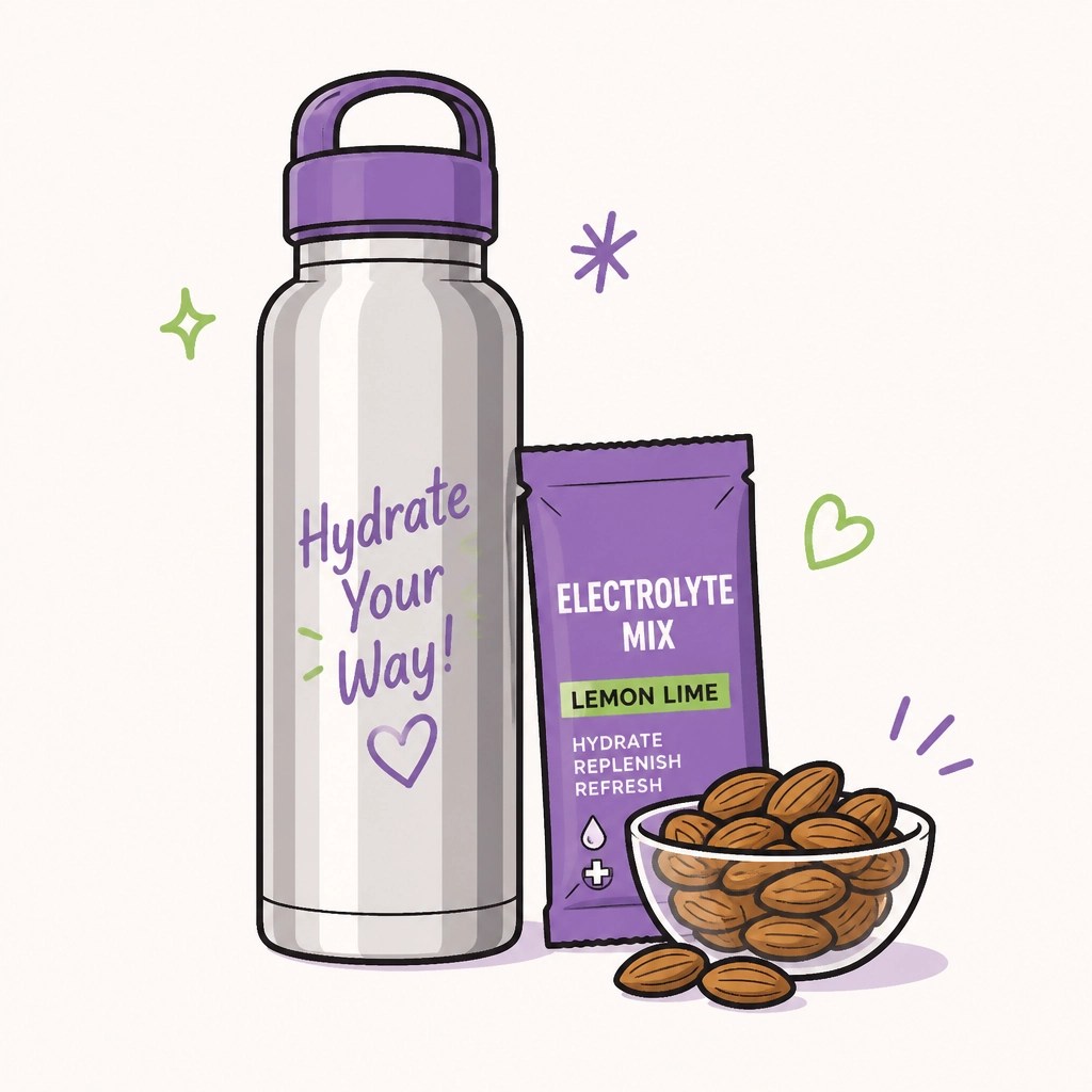 Illustration of a water bottle and electrolyte snacks