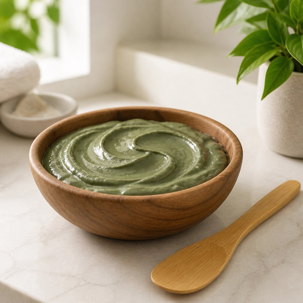A glass bowl of smooth green clay paste with a wooden spatula in a spa-like setting.