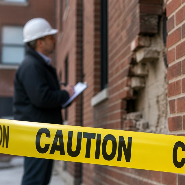 Close-up of a construction site structural evaluation in Albany with caution tape in sharp focus.
