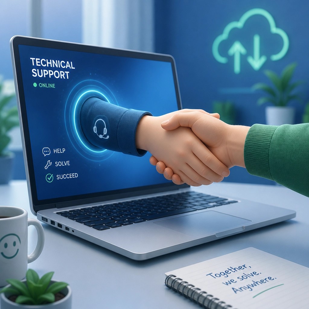 3D illustration of a hand reaching out from a laptop screen to shake another hand