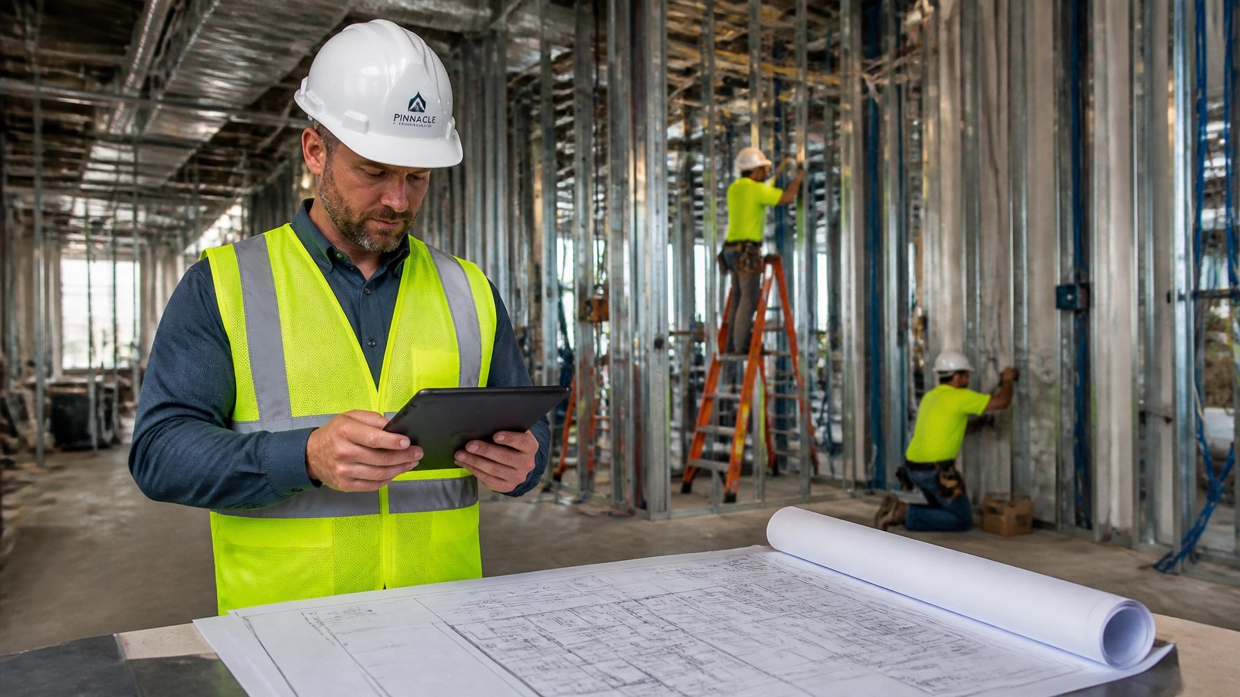 A professional construction site manager reviewing blueprints and tablet on a commercial job site with low voltage technicians working in the background