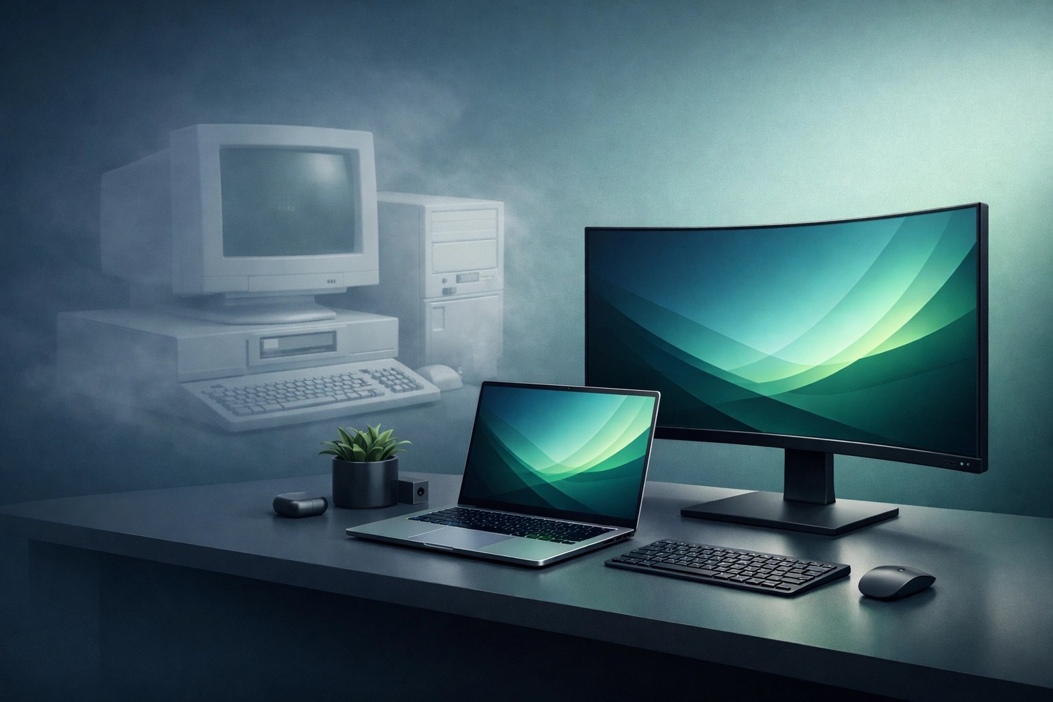 Modern laptop and monitor replacing an old desktop to show small business hardware upgrades.