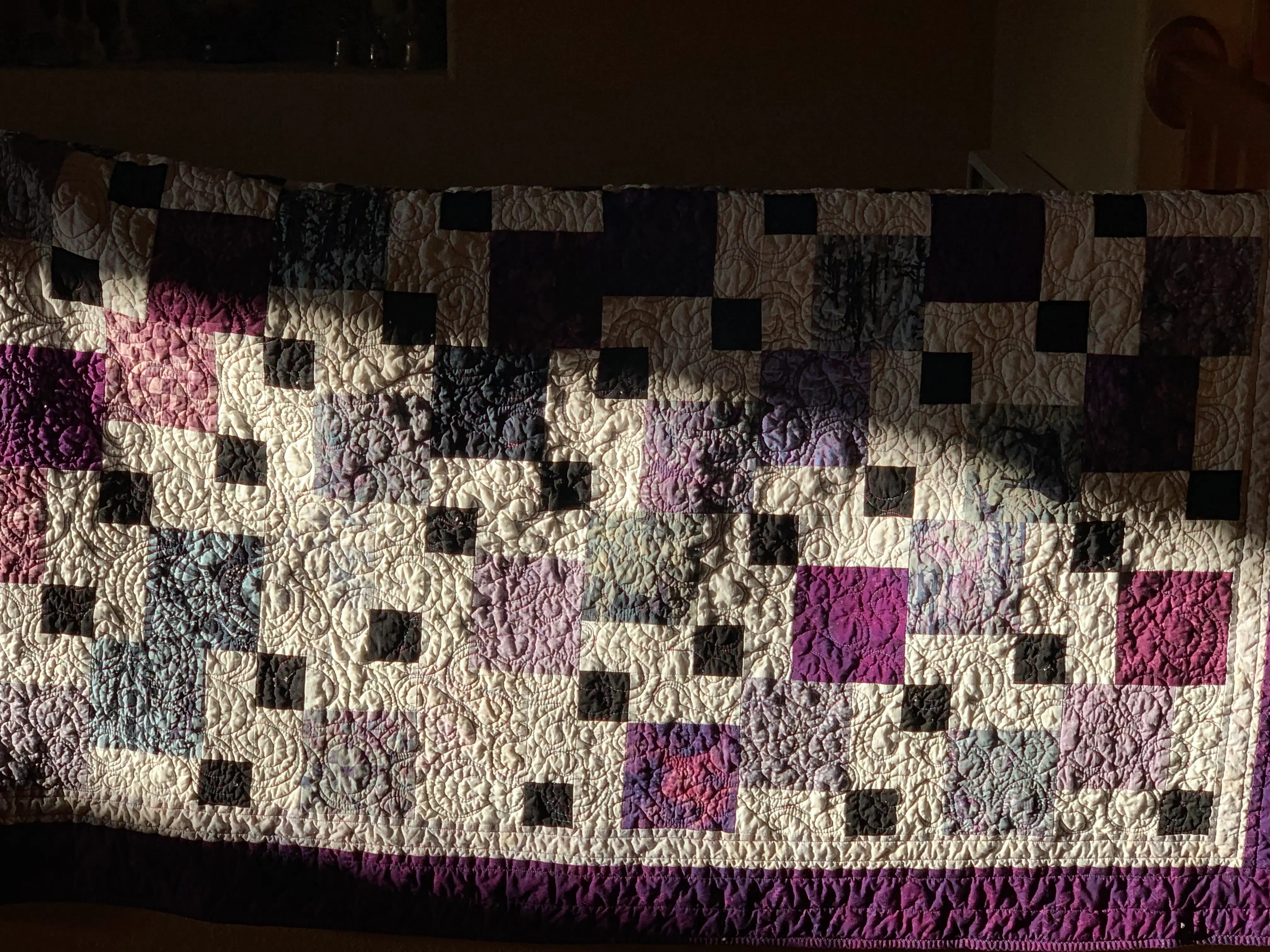 Modern sampler quilt top in aqua, coral, purple, and mint