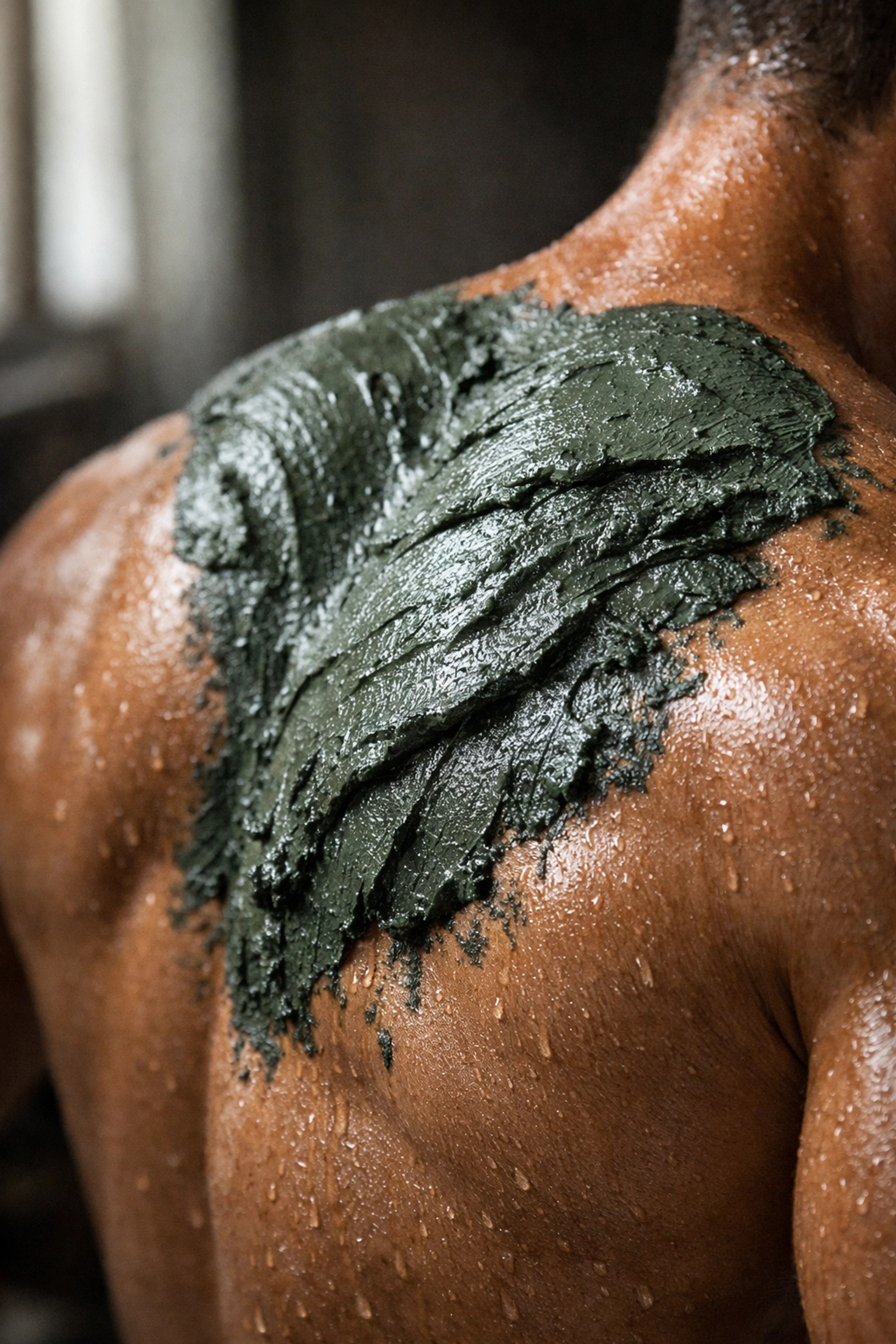 Close-up of natural mineral clay applied to an athlete's back for muscle recovery and inflammation relief.