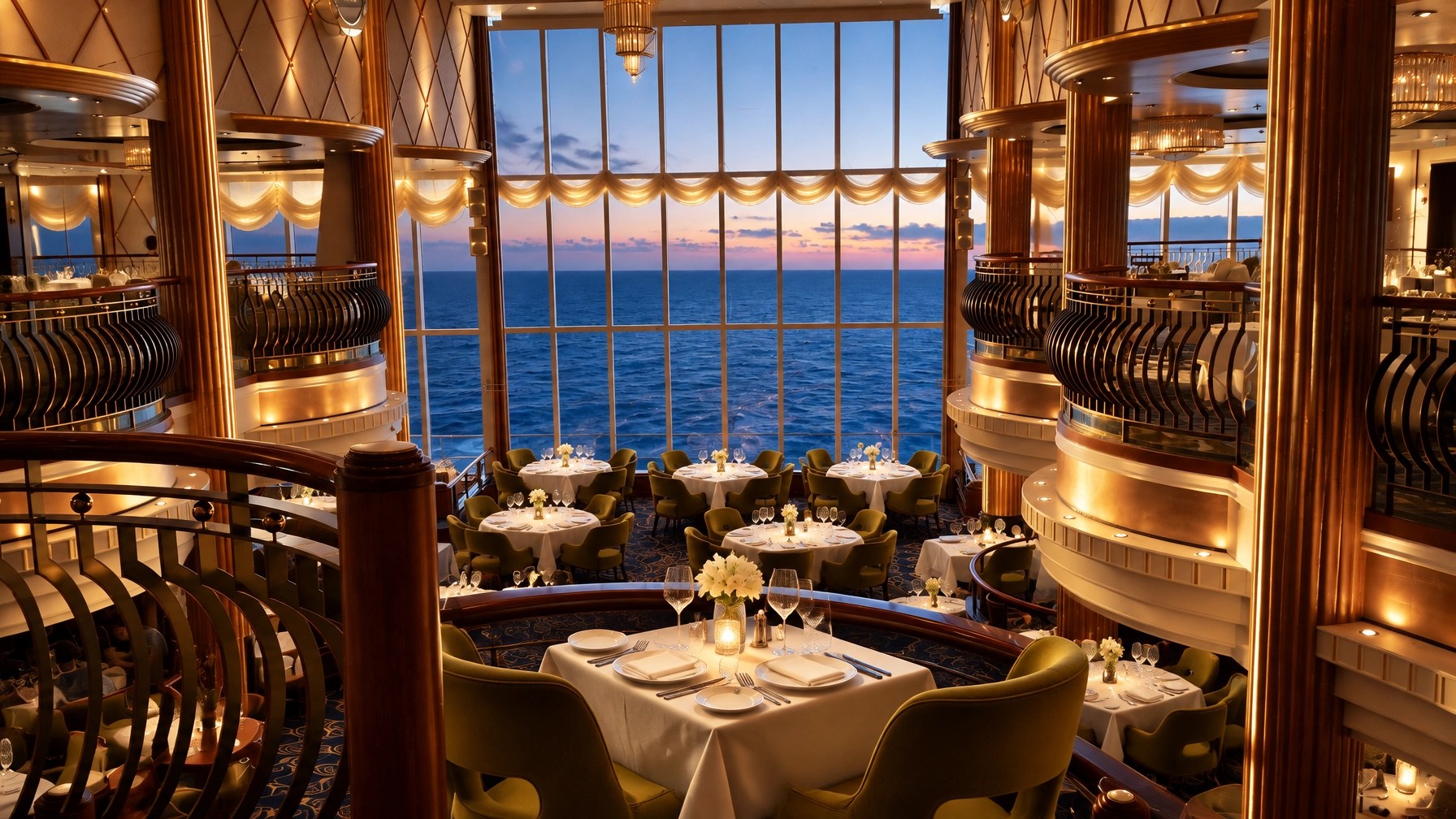 Elegant empty cruise dining room set for an evening meal beside a deep blue ocean