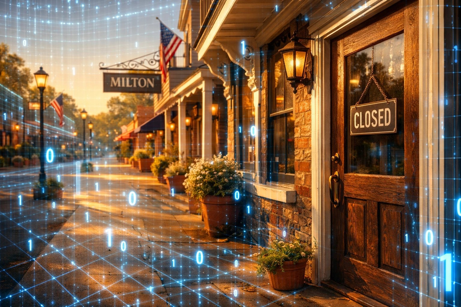 Digital grid overlay on a Milton GA street representing cyber security for small businesses.