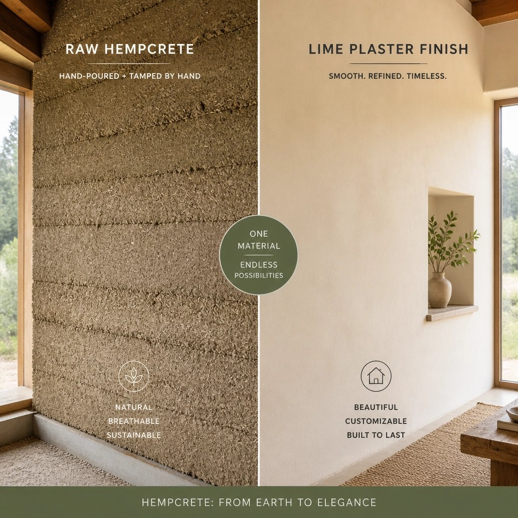 A split-screen comparison of raw, textured hempcrete versus a smooth, refined lime plaster finish