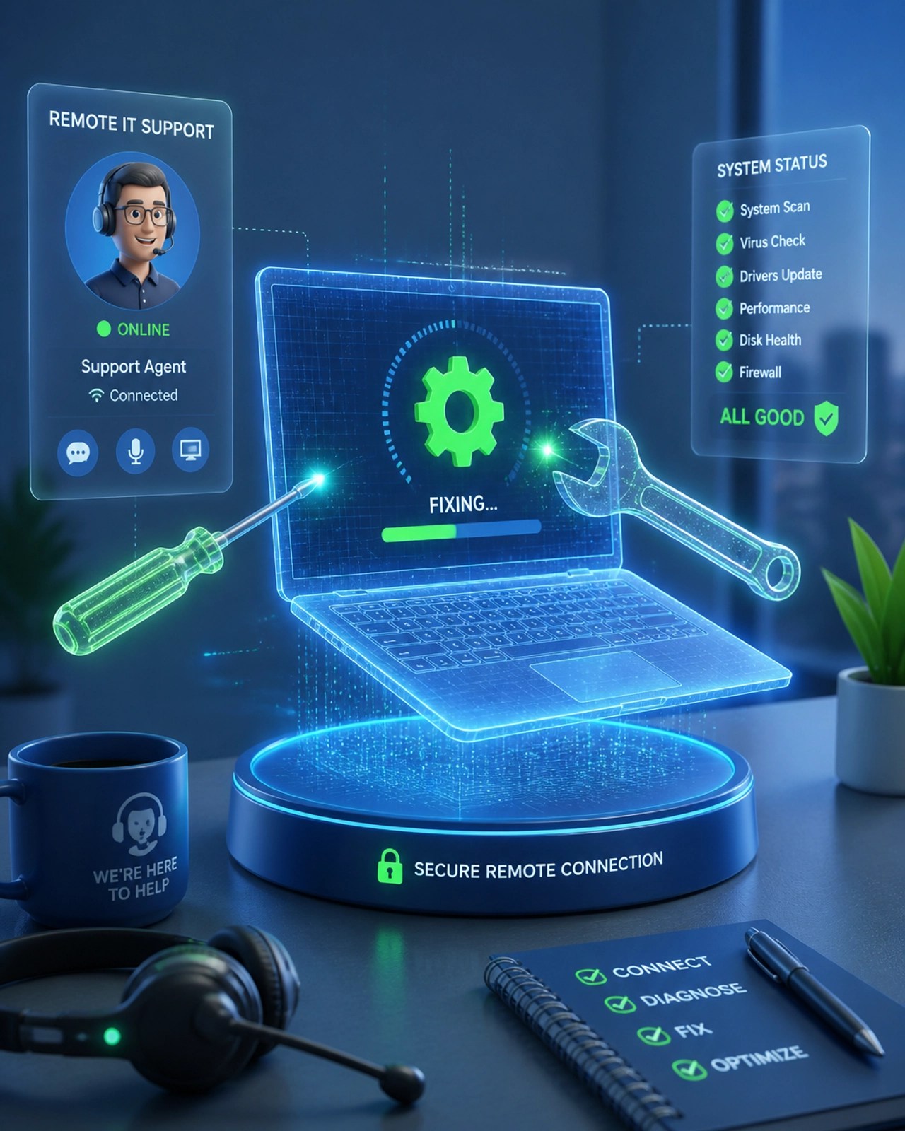 A conceptual illustration of remote IT support, showing a holographic laptop being fixed by digital tools. 3D style, soft blue and green gradients.