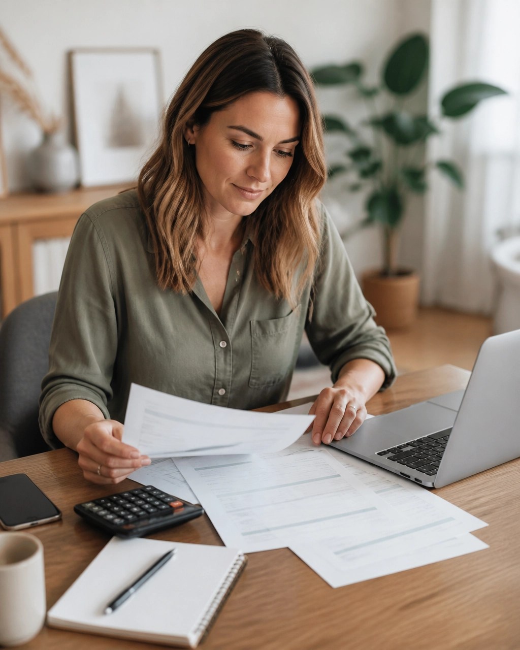 Self-employed business owner organizing bank statements and mortgage documents