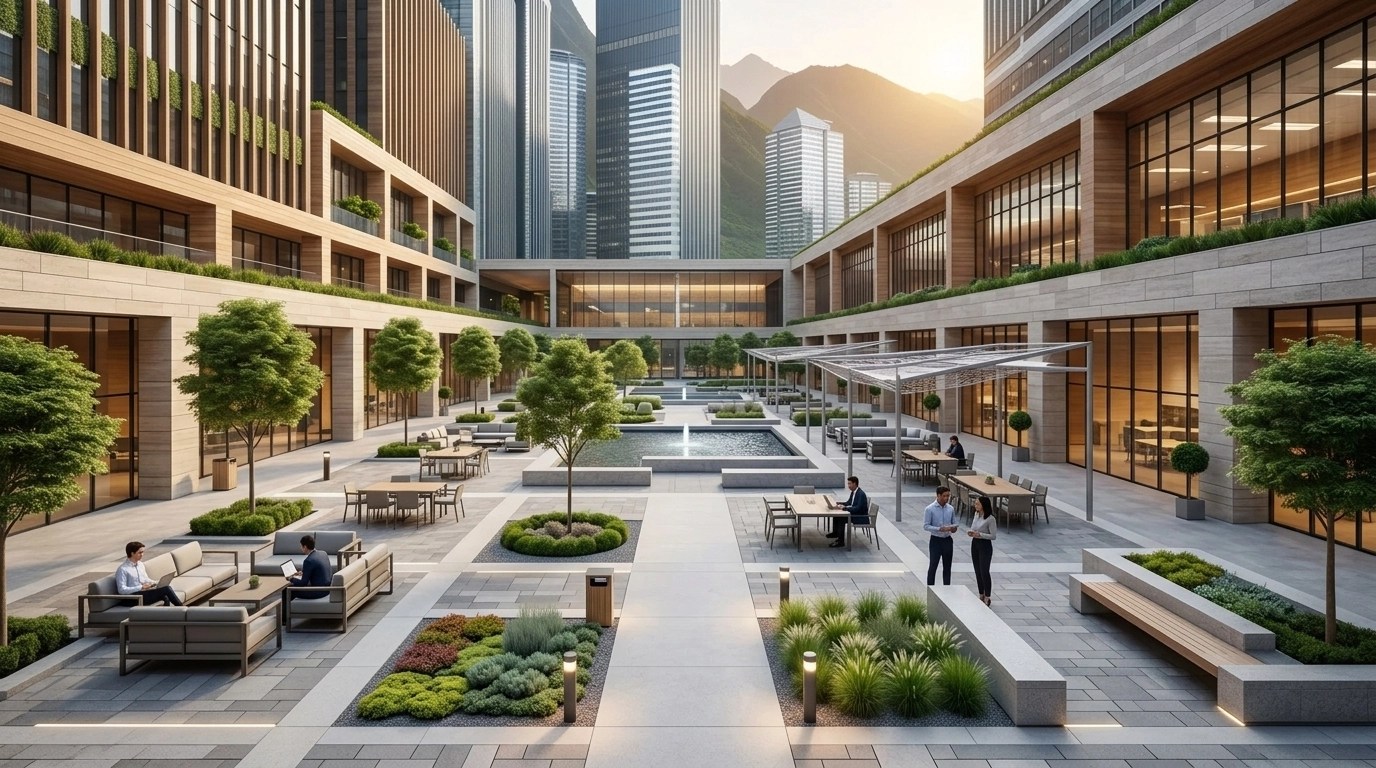 Modern commercial outdoor seating area for an office park featuring a professional stone patio