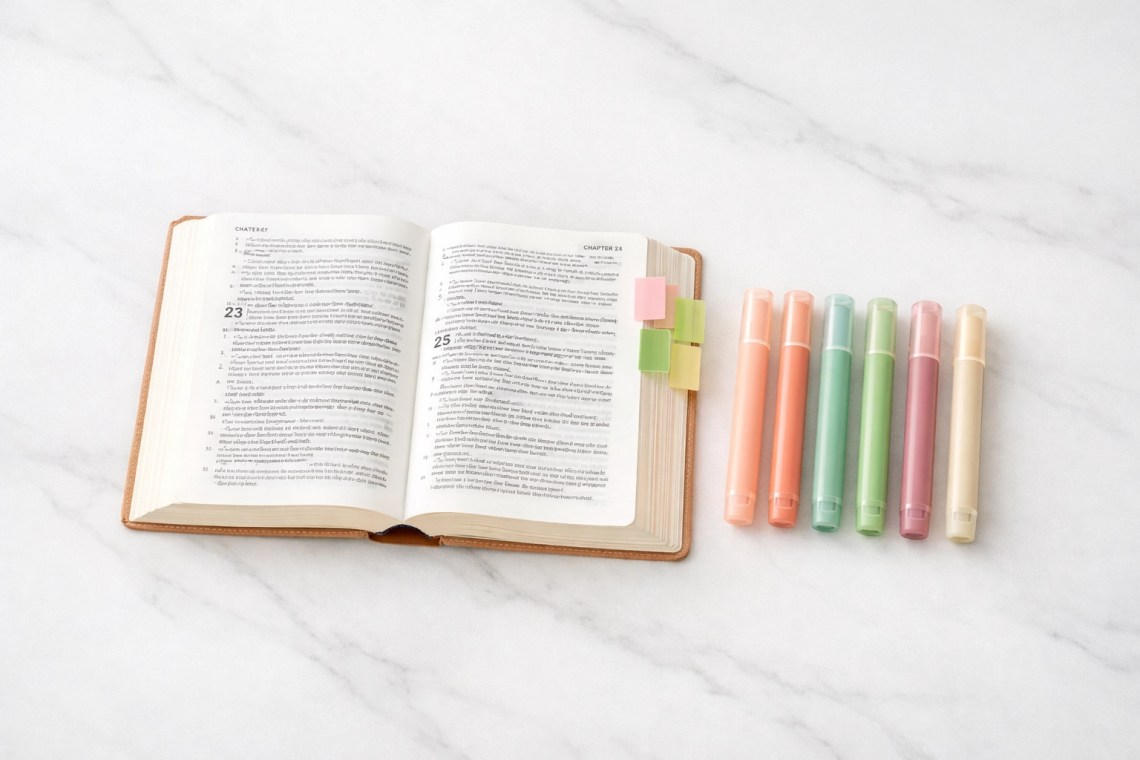Aesthetic Bible study tools with pastel highlighters and tabs on an open Bible.